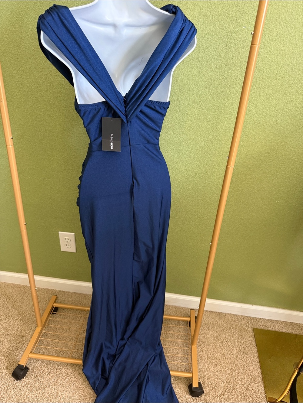 Fashion Nova Off Shoulder Navy Blue Ruched Gown with Side Slit - Picture 4 of 6